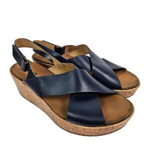 Clarks Stasha Hale Navy Blue Leather Cross Slingback Platform Wedge Sandal 12